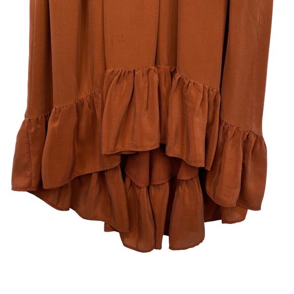LOVE SAM Blixen Smocked Dress  Sz S 100% Silk Cognac Brown Ruffles Boho Cowgirl - Picture 8 of 14